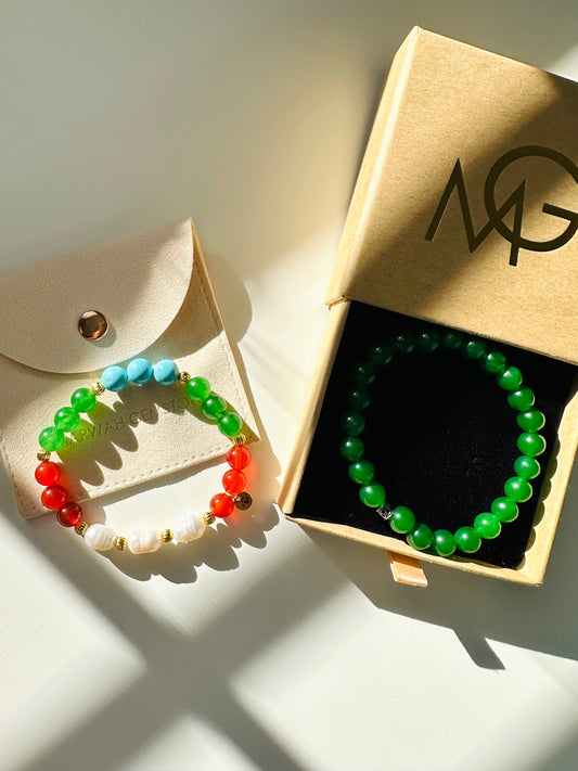 Green Jade-Red Agate-Turquoise-Freshwater Pearl Woman+Man Bracelet Set