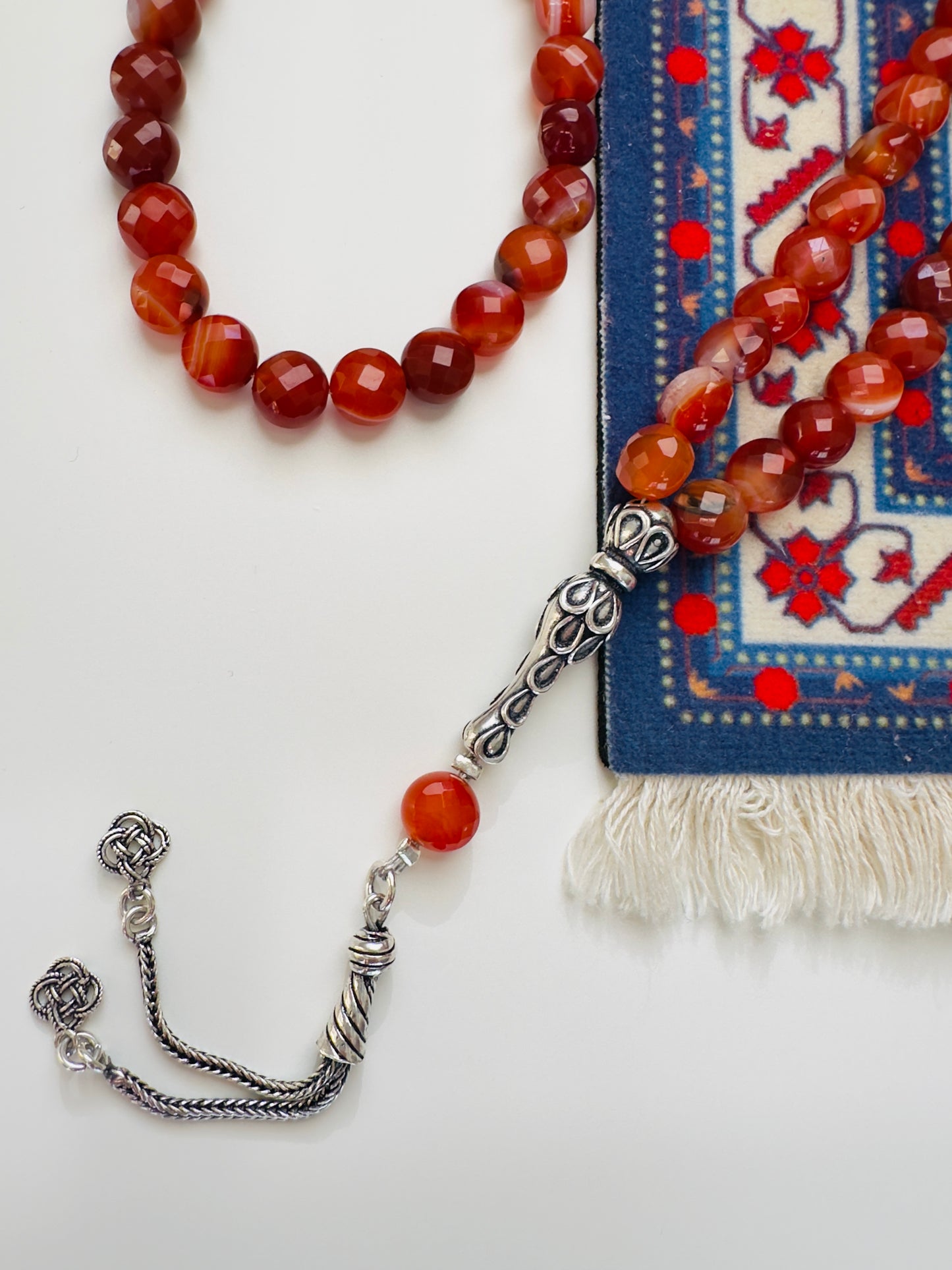 99-Bead Faceted Red Agate Misbaha W/Silver