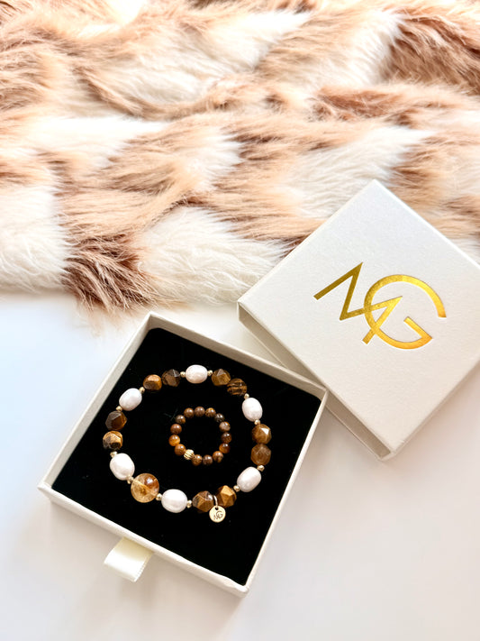 Tiger Eye - Natural Pearl - Citrine Bracelet with Ring