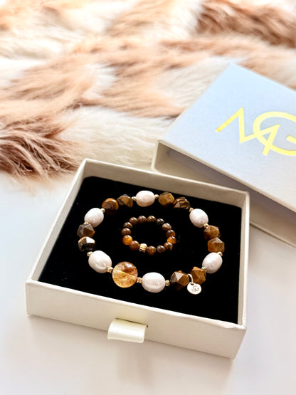 Tiger Eye - Natural Pearl - Citrine Bracelet with Ring