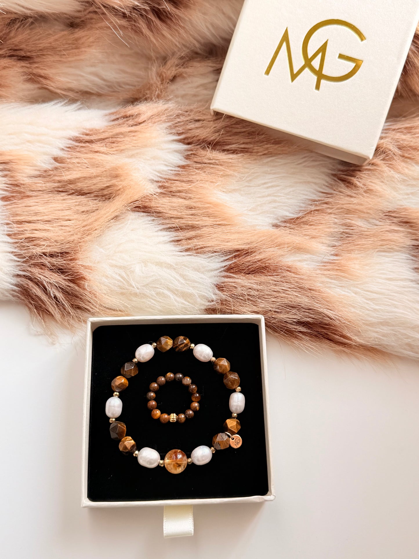 Tiger Eye - Natural Pearl - Citrine Bracelet with Ring