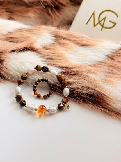 Tiger Eye - Natural Pearl - Citrine Bracelet with Ring