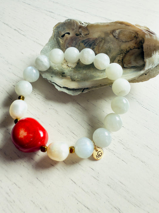 Moonstone - Natural Pearl - Raw Coral Bracelet