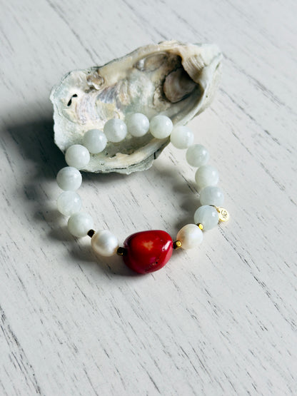 Moonstone - Natural Pearl - Raw Coral Bracelet