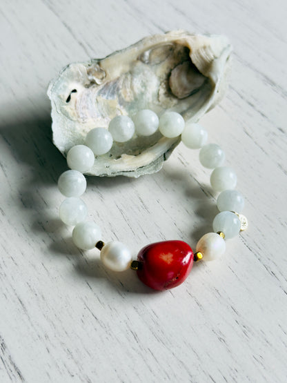 Moonstone - Natural Pearl - Raw Coral Bracelet