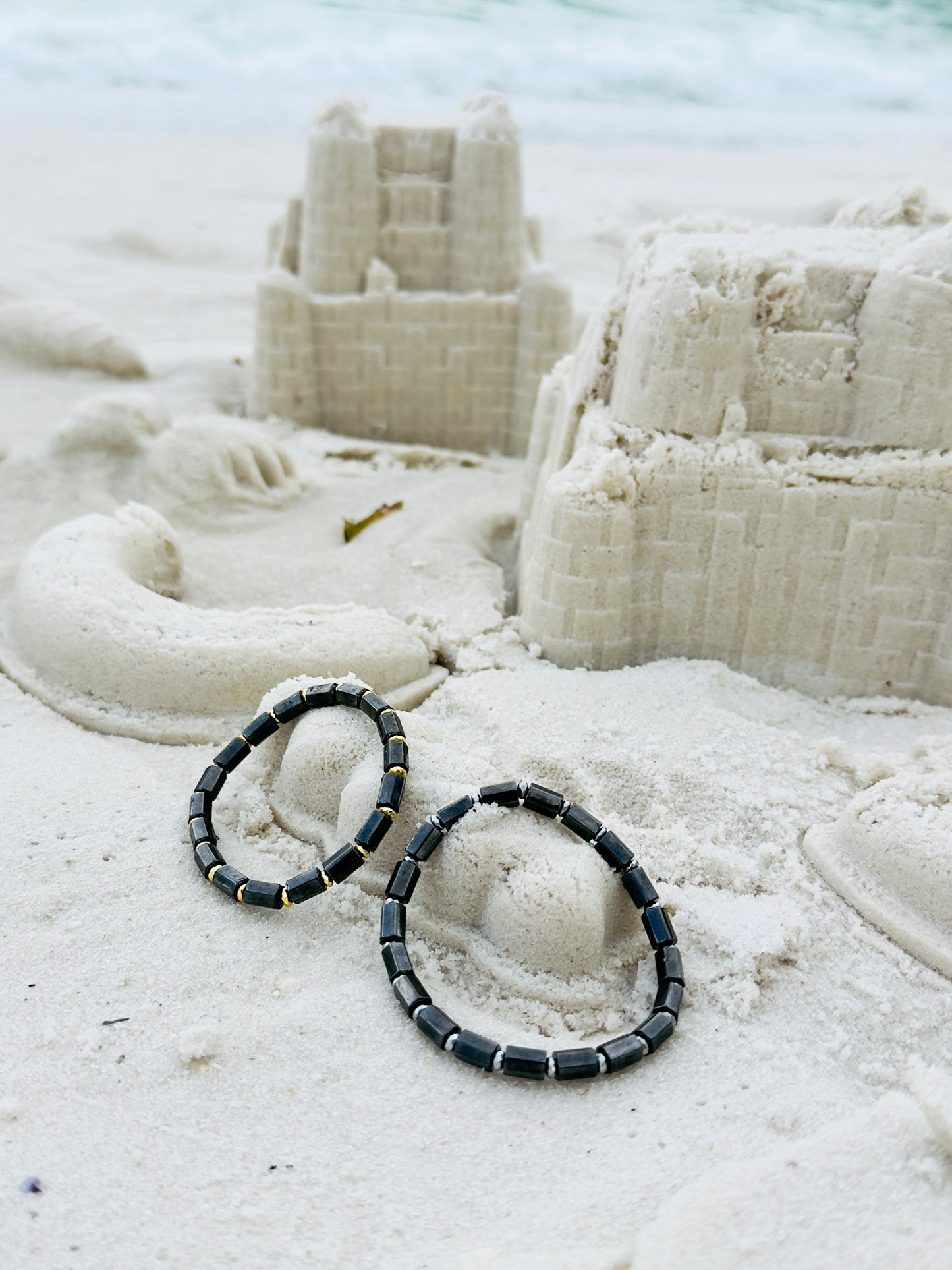 Magnetic Hematite Couple Bracelet Set with Metal Spacers