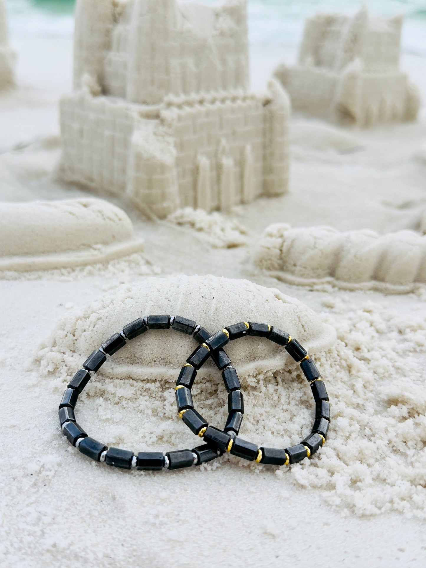 Magnetic Hematite Couple Bracelet Set with Metal Spacers