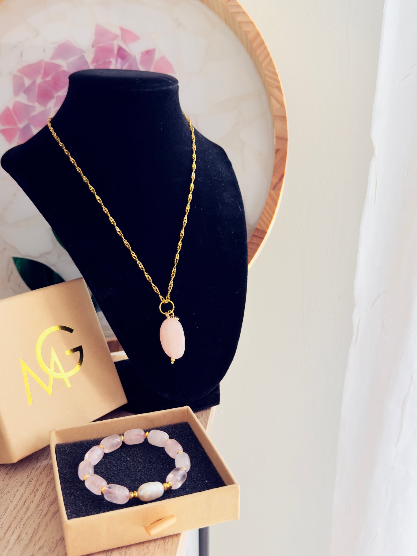 Rose Quartz - Natural Pearl Bracelet and Necklace Set