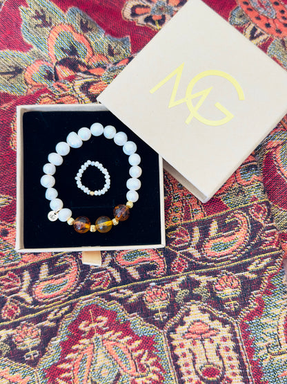 Natural Freshwater Pearl-Natural Amber Bracelet + Ring