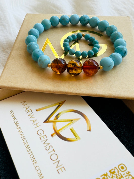 Turquoise-Amber Bracelet And Turquoise Ring With Golden 21-K Spacers (SPECIAL OFFER)