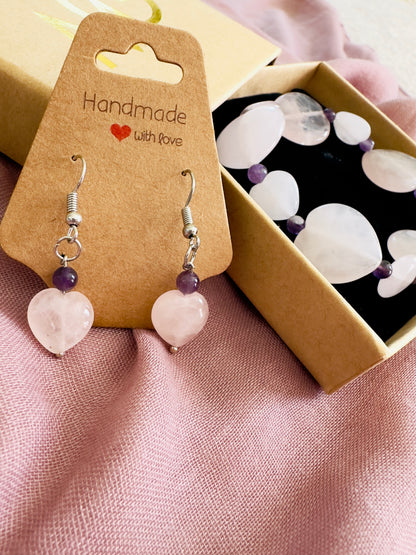 Heart-Shaped Rose Quartz-Amethyst Earrings And Bracelet Set