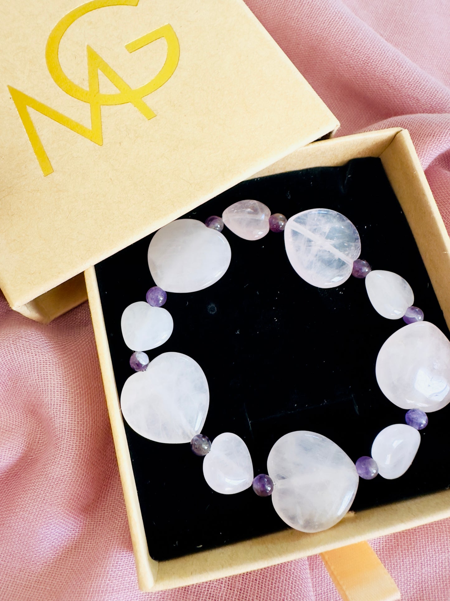 Heart-Shaped Rose Quartz-Amethyst Earrings And Bracelet Set