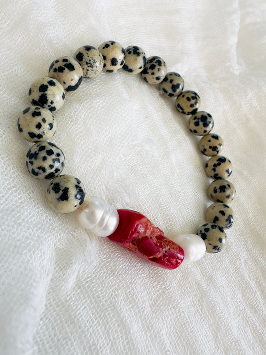 Dalmation Jasper-Natural Coral-Natural Freshwater Pearl Bracelet