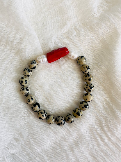 Dalmation Jasper-Natural Coral-Natural Freshwater Pearl Bracelet