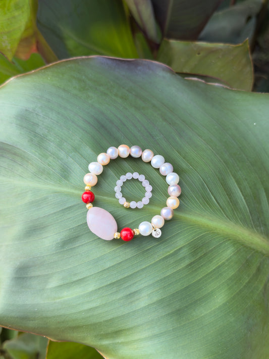 Natural Pearl - Natural Coral - Raw Rose Quartz Bracelet + Ring Set