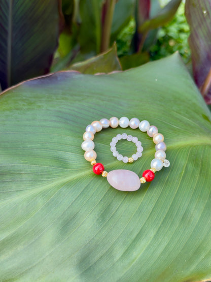 Natural Pearl - Natural Coral - Raw Rose Quartz Bracelet + Ring Set