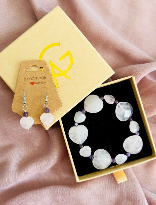 Heart-Shaped Rose Quartz-Amethyst Earrings And Bracelet Set