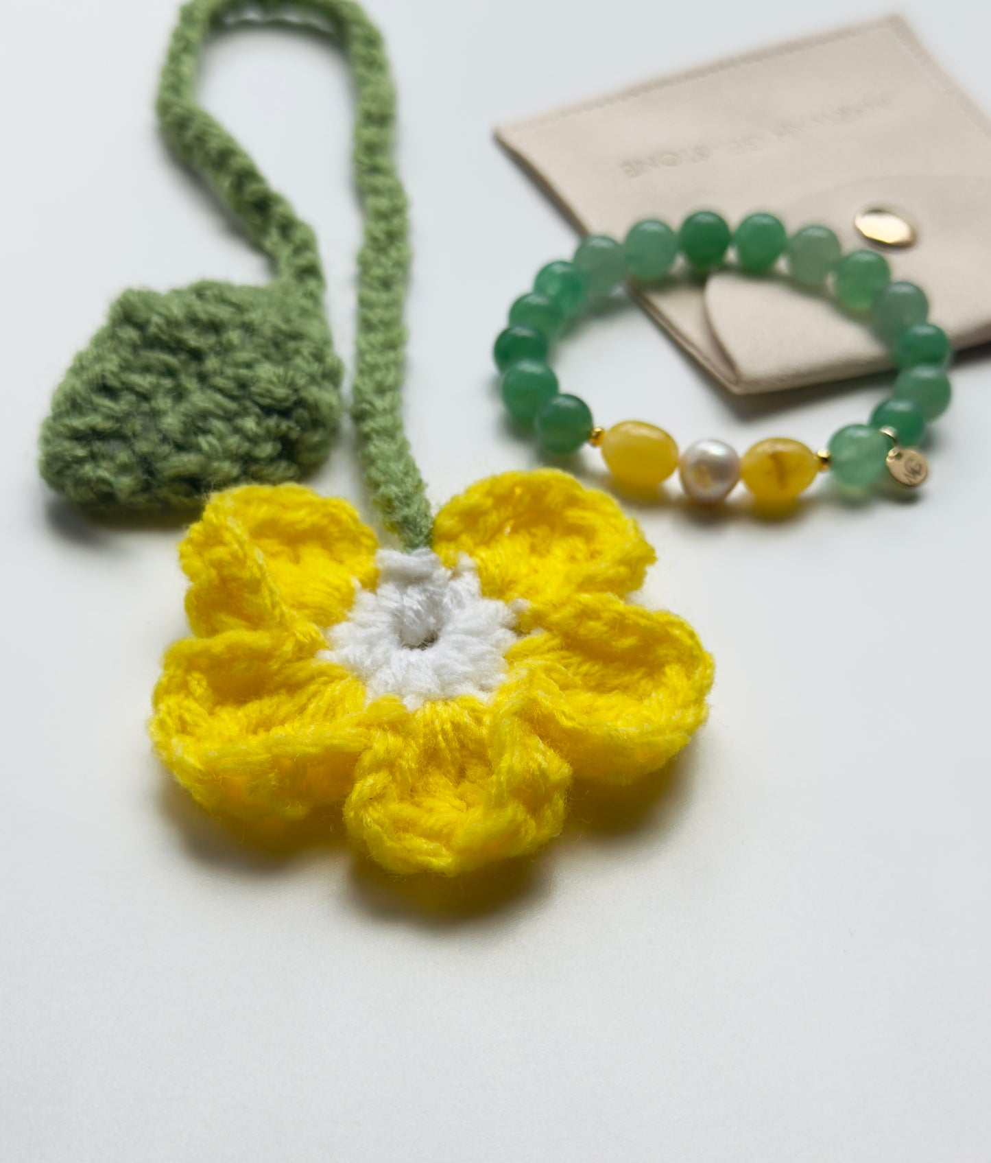 Green Aventurine - Yellow Amber - Natural Pearl Bracelet + Handmade Crocheted Bookmark Exclusive Set
