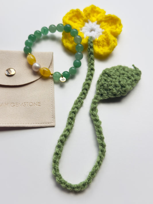 Green Aventurine - Yellow Amber - Natural Pearl Bracelet + Handmade Crocheted Bookmark Exclusive Set
