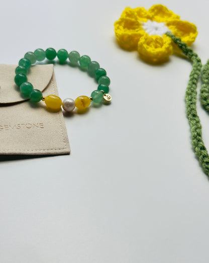 Green Aventurine - Yellow Amber - Natural Pearl Bracelet + Handmade Crocheted Bookmark Exclusive Set