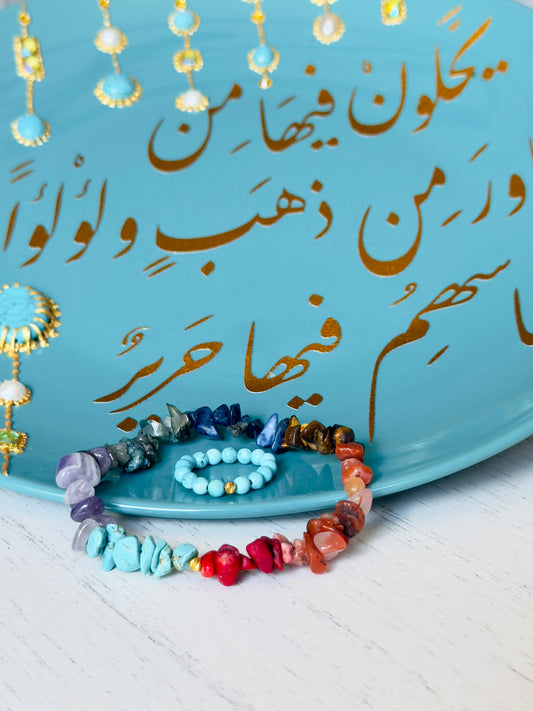 Chipped Chakra Bracelet with Golden Metal Spacers + Turquoise Ring Set