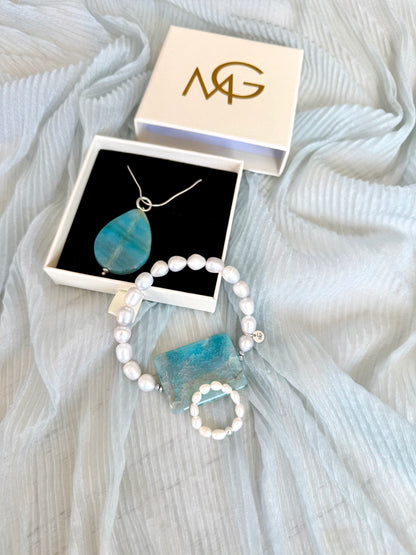 Blue Agate - Pearl Set with Silver 925