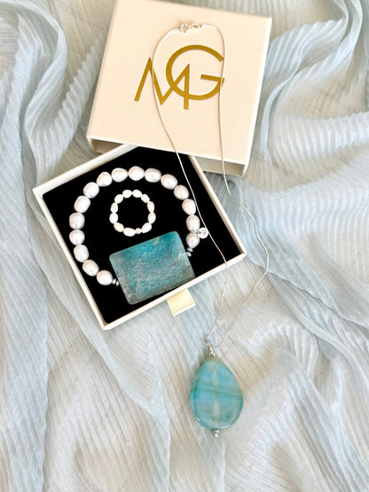 Blue Agate - Pearl Set with Silver 925