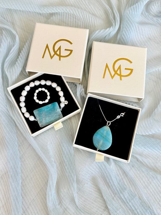 Blue Agate - Pearl Set with Silver 925