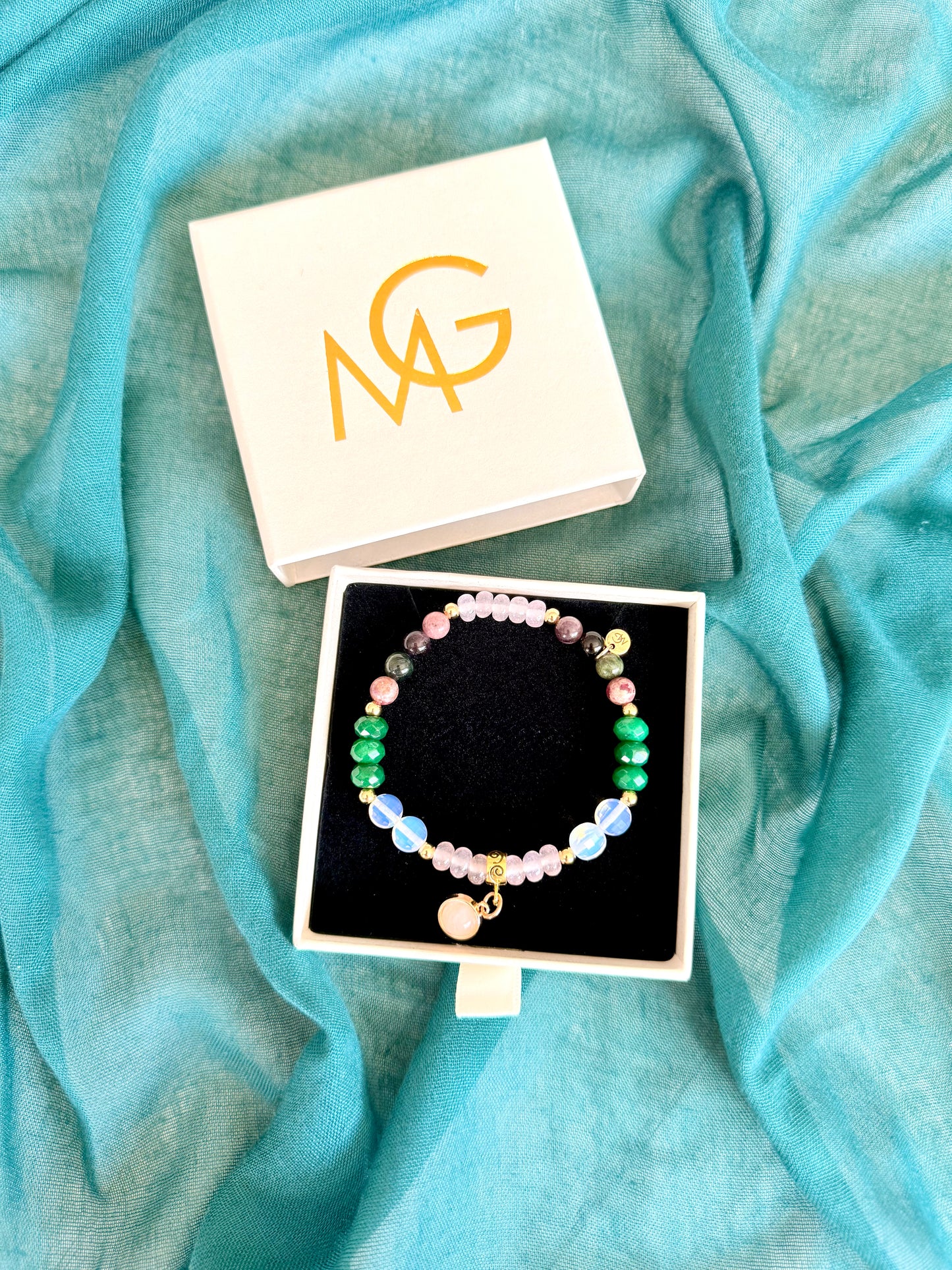 Emerald - Tourmaline - Rose Quartz - Opal Bracelet with Golden Plated 18-K Spacers