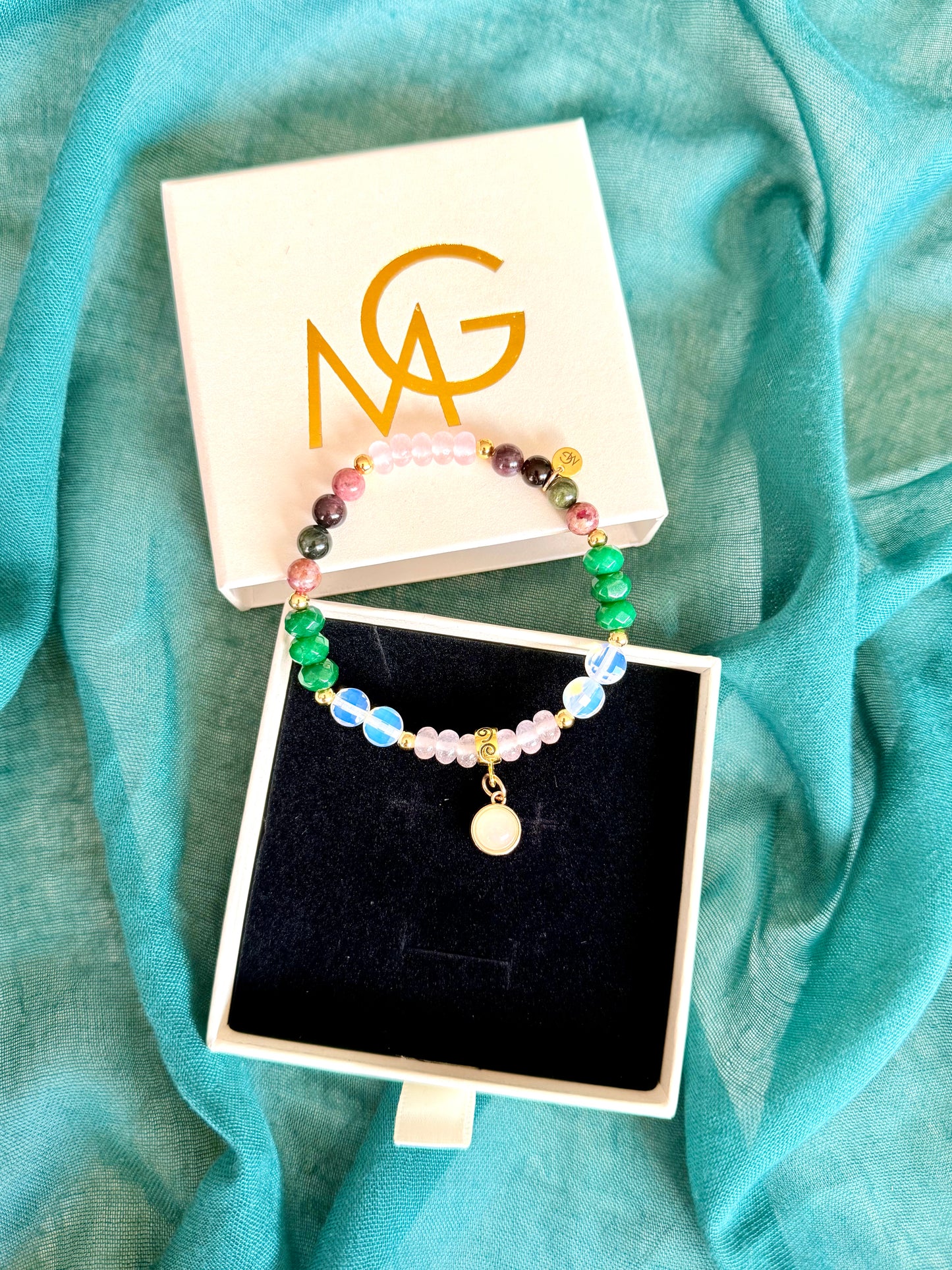 Emerald - Tourmaline - Rose Quartz - Opal Bracelet with Golden Plated 18-K Spacers