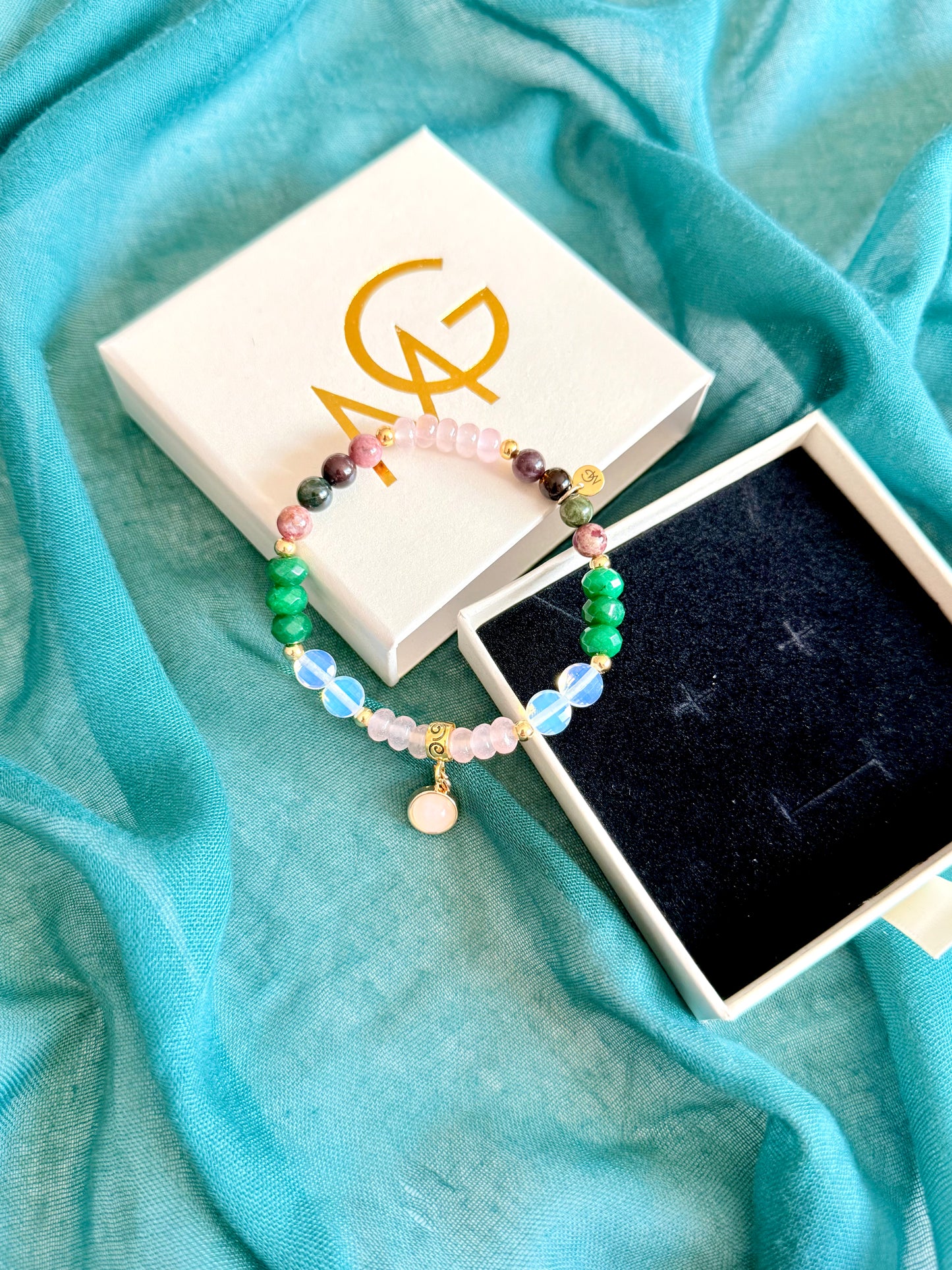 Emerald - Tourmaline - Rose Quartz - Opal Bracelet with Golden Plated 18-K Spacers