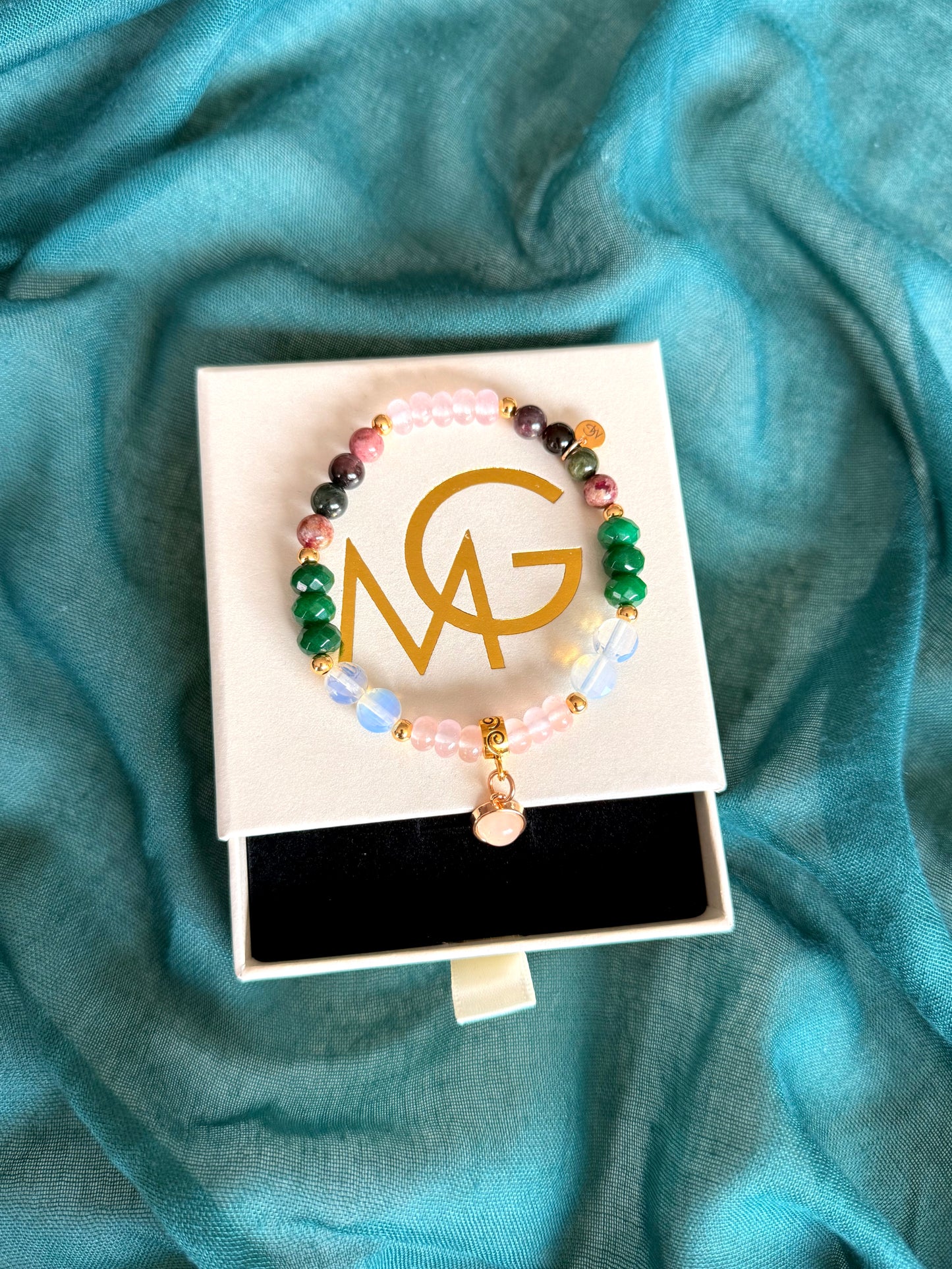 Emerald - Tourmaline - Rose Quartz - Opal Bracelet with Golden Plated 18-K Spacers