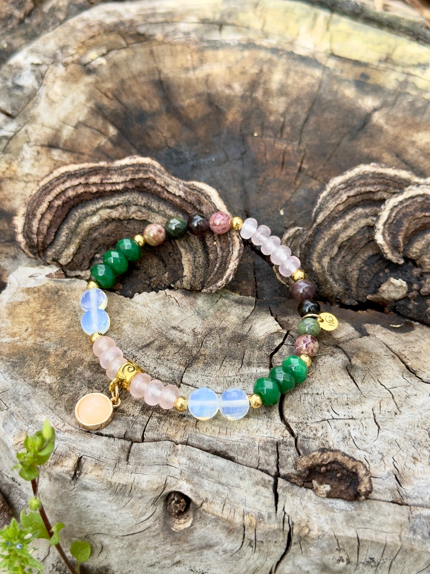 Emerald - Tourmaline - Rose Quartz - Opal Bracelet with Golden Plated 18-K Spacers