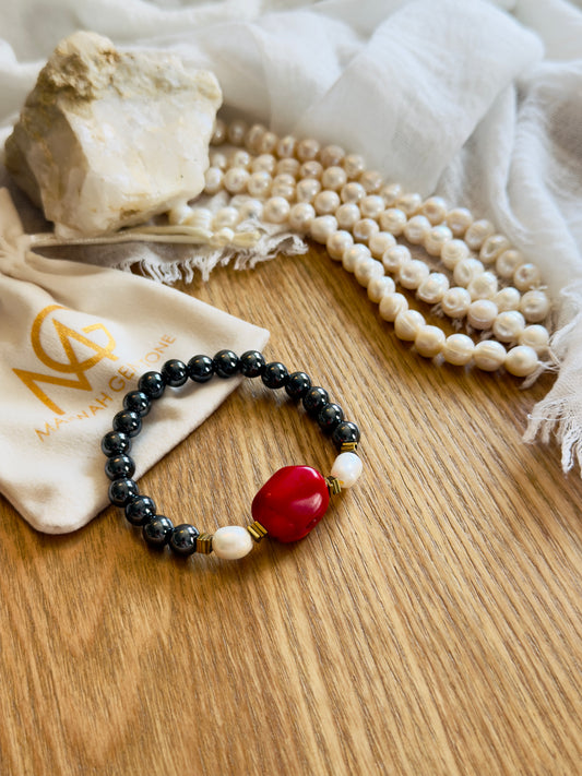 Hematite - Natural Pearl - Natural Coral Bracelet