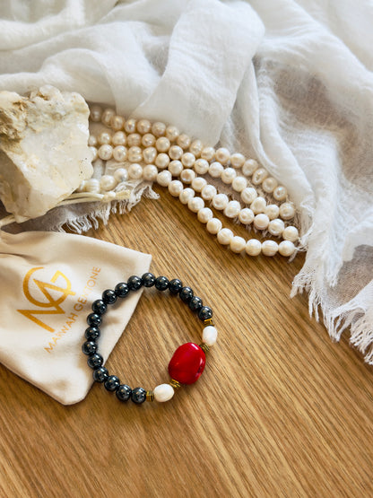 Hematite - Natural Pearl - Natural Coral Bracelet