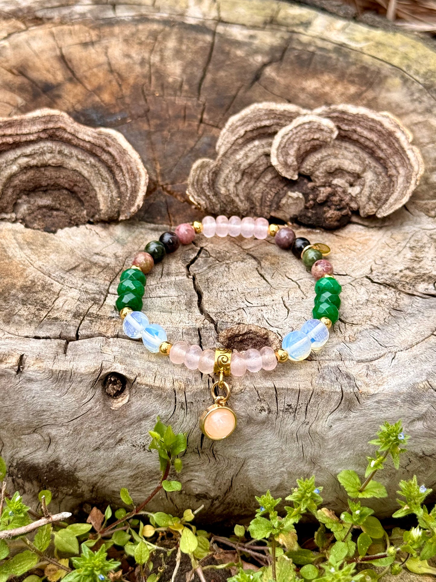 Emerald - Tourmaline - Rose Quartz - Opal Bracelet with Golden Plated 18-K Spacers