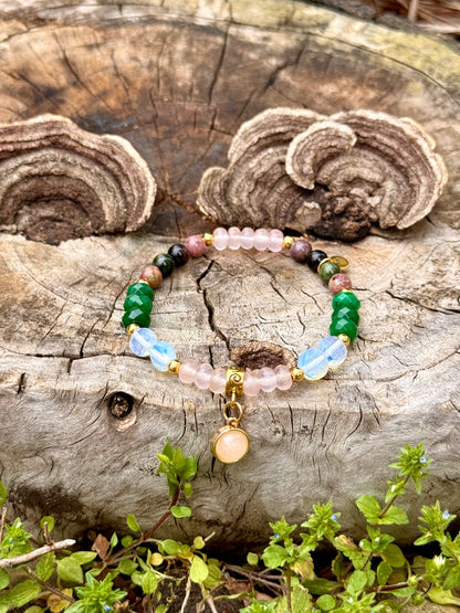 Emerald - Tourmaline - Rose Quartz - Opal Bracelet with Golden Plated 18-K Spacers