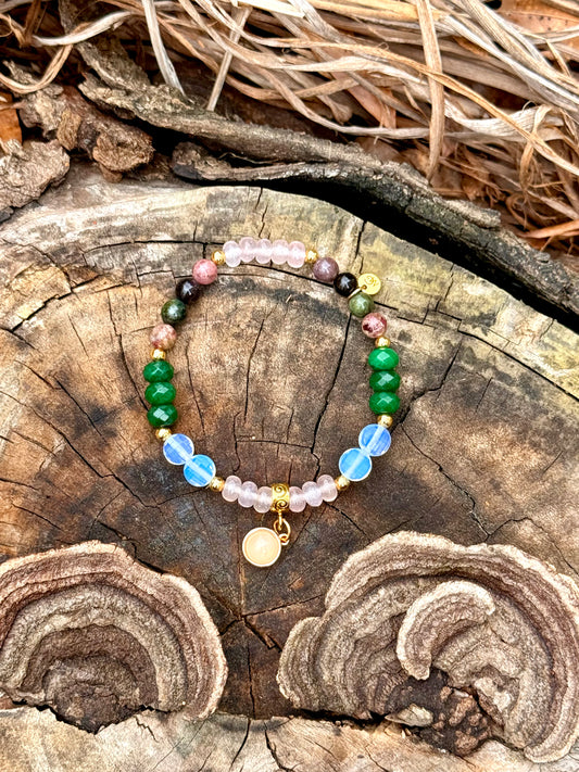 Emerald - Tourmaline - Rose Quartz - Opal Bracelet with Golden Plated 18-K Spacers