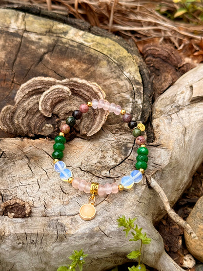Emerald - Tourmaline - Rose Quartz - Opal Bracelet with Golden Plated 18-K Spacers