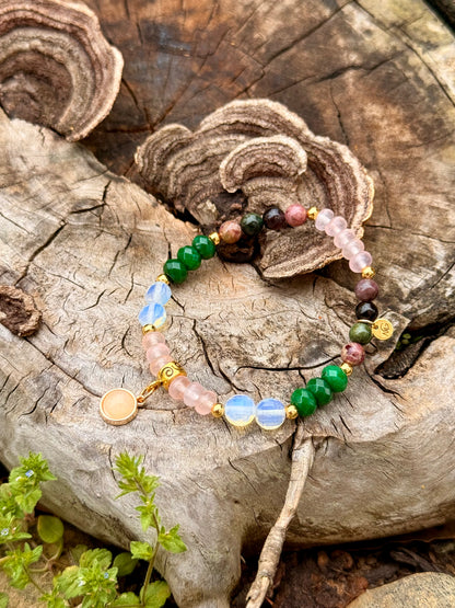Emerald - Tourmaline - Rose Quartz - Opal Bracelet with Golden Plated 18-K Spacers