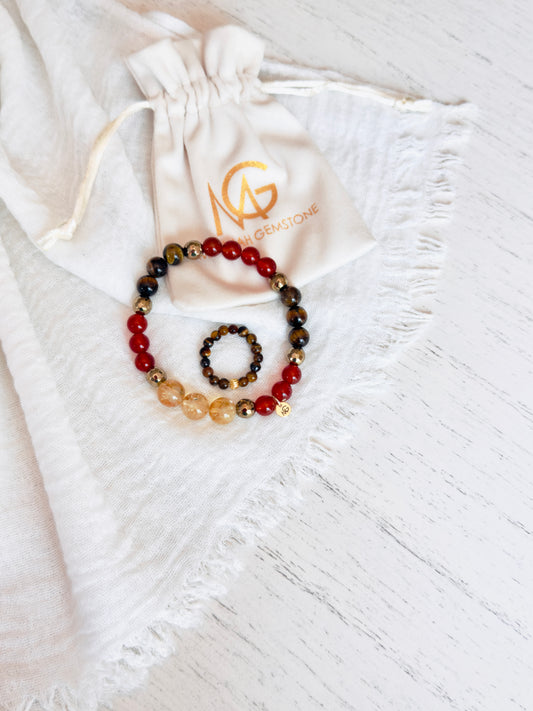 Tiger Eye - Citrine - Red Agate Bracelet + Tiger Eye Ring Set