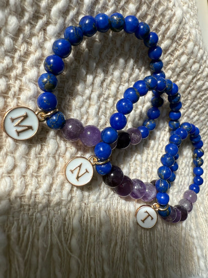 Girls Design Lapis Lazuli-Amethyst Bracelet With Golden Plated Letter Charms