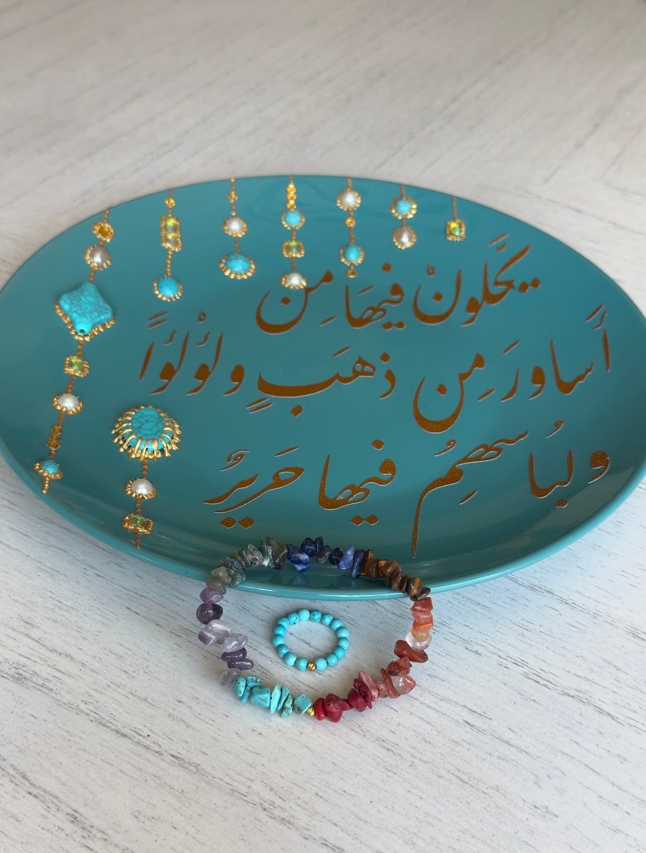 Chipped Chakra Bracelet with Golden Metal Spacers + Turquoise Ring Set