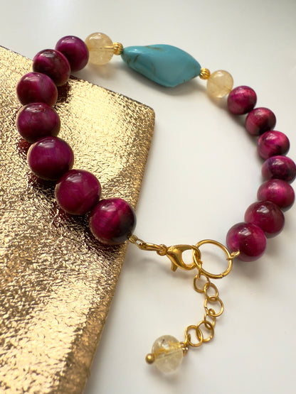 Pink tiger Eye-Turquoise-Citrine Bracelet