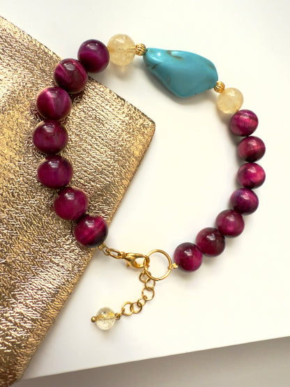 Pink tiger Eye-Turquoise-Citrine Bracelet