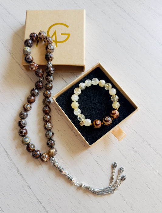 33-Bead Tibetan Agate - Citrine Misbaha and Bracelet Set
