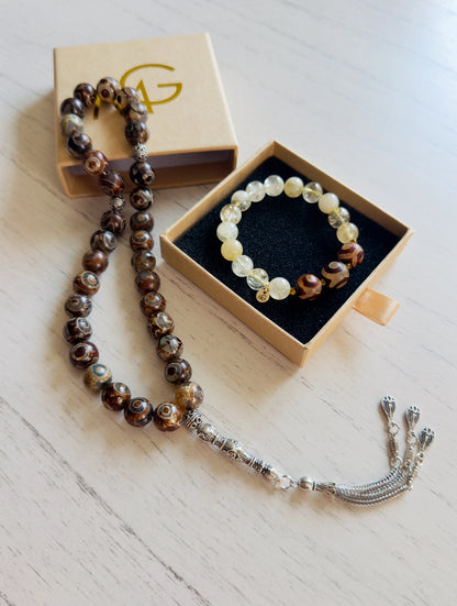 33-Bead Tibetan Agate - Citrine Misbaha and Bracelet Set