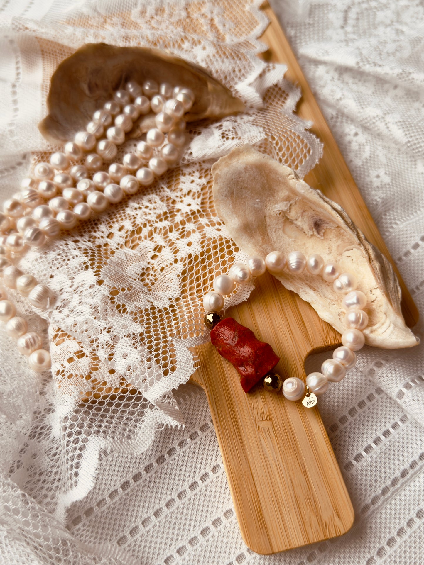 Natural Coral - Pearl Bracelet