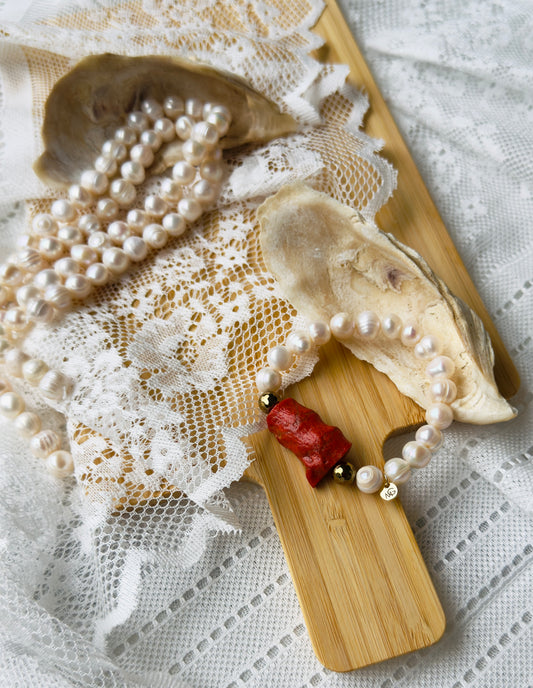 Natural Coral - Pearl Bracelet