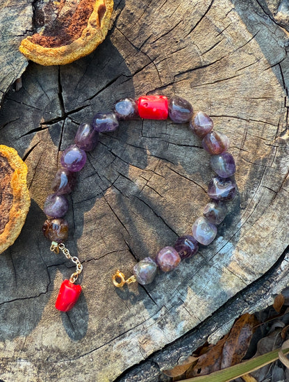 Amethyst - Natural Coral Bracelet With Coral Charm